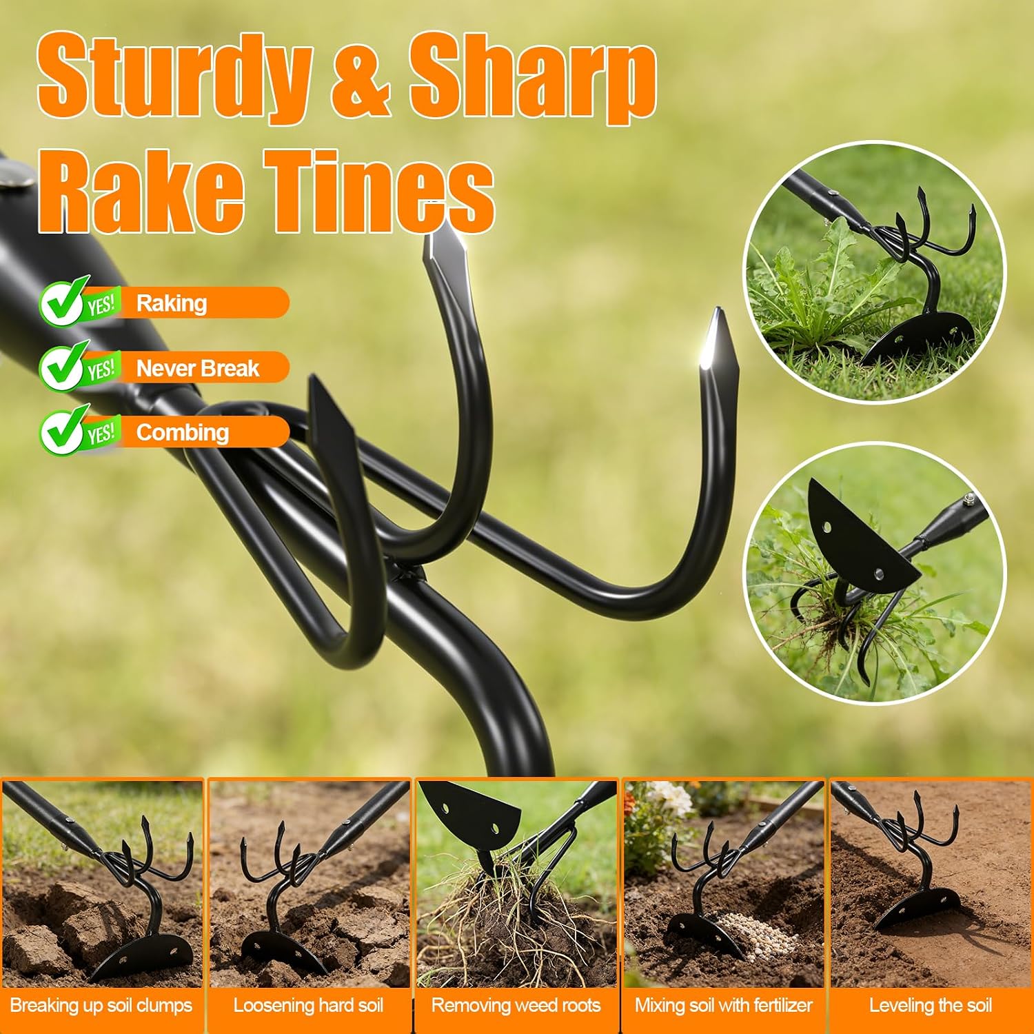 65 Inch 2-in-1 Hoe and Cultivator Garden Tool, Heavy Duty Garden Hoe with 3-Tine Tiller Rake for Weeding and Soil Loosening, Long Handle Stand Up Weed  for Planting, Digging & Gardening