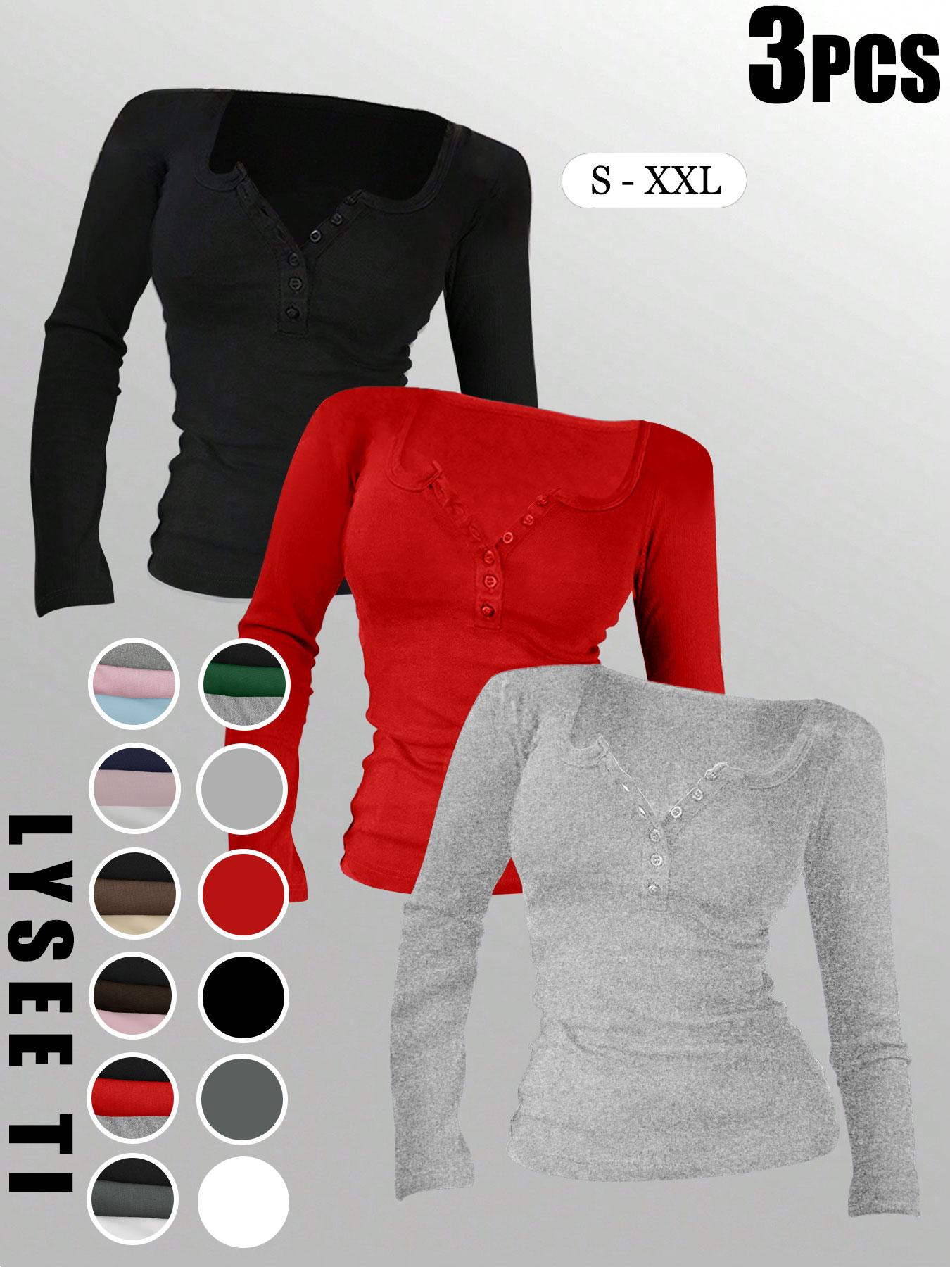 3pcs Autumn And Winter Women'S Casual Fashion Sporty Tee Set, With Multi Button Design, Solid Color Round Neck Long Sleeved Top, Athleisure Wear Set