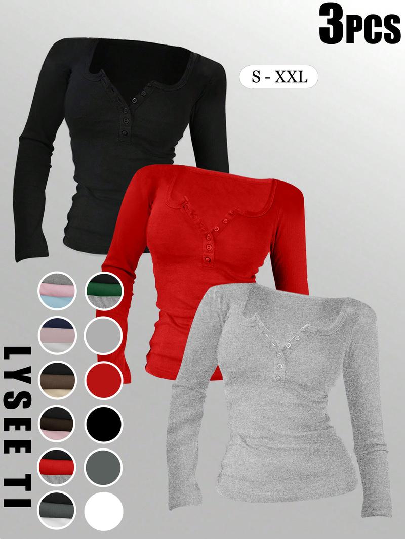 3pcs Autumn And Winter Women'S Casual Fashion Sporty Tee Set, With Multi Button Design, Solid Color Round Neck Long Sleeved Top