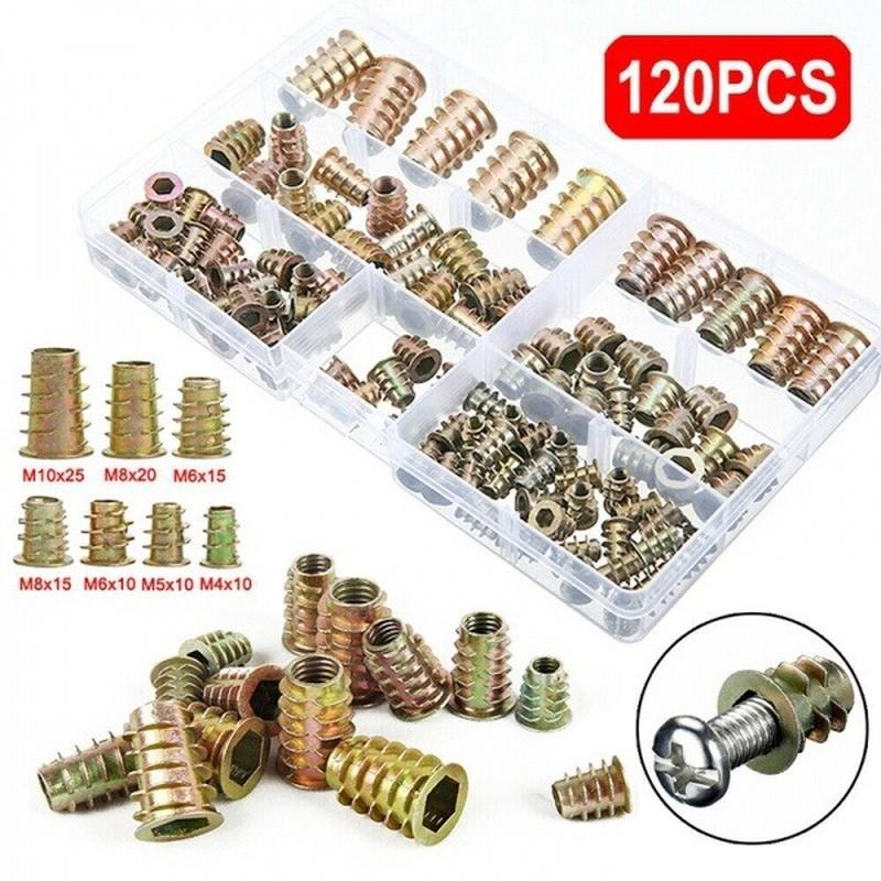 120 Piece Set Zinc Alloy Threaded Inserts M4 M5 M6 M8 M10, Wood Embedding Nuts Flange Hex Drive Head Furniture Bolts