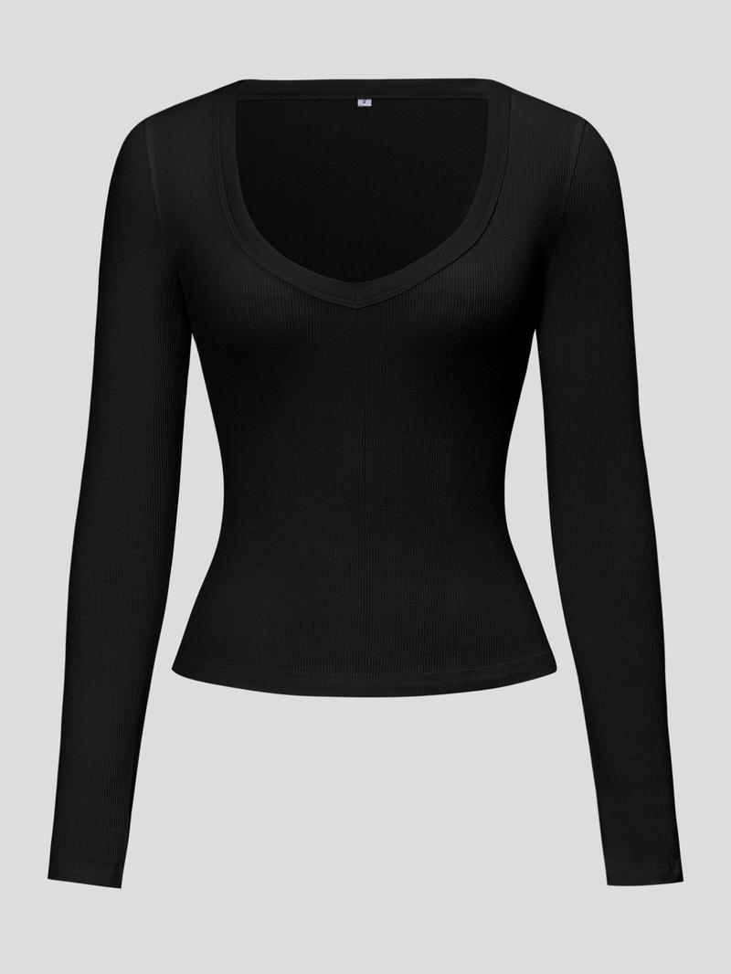 Solid Color Casual Slim-Fit Long Sleeve T-Shirt, Thin Fabric, Fall Season, Comfortable & Stylish Design for Women Daily Wear