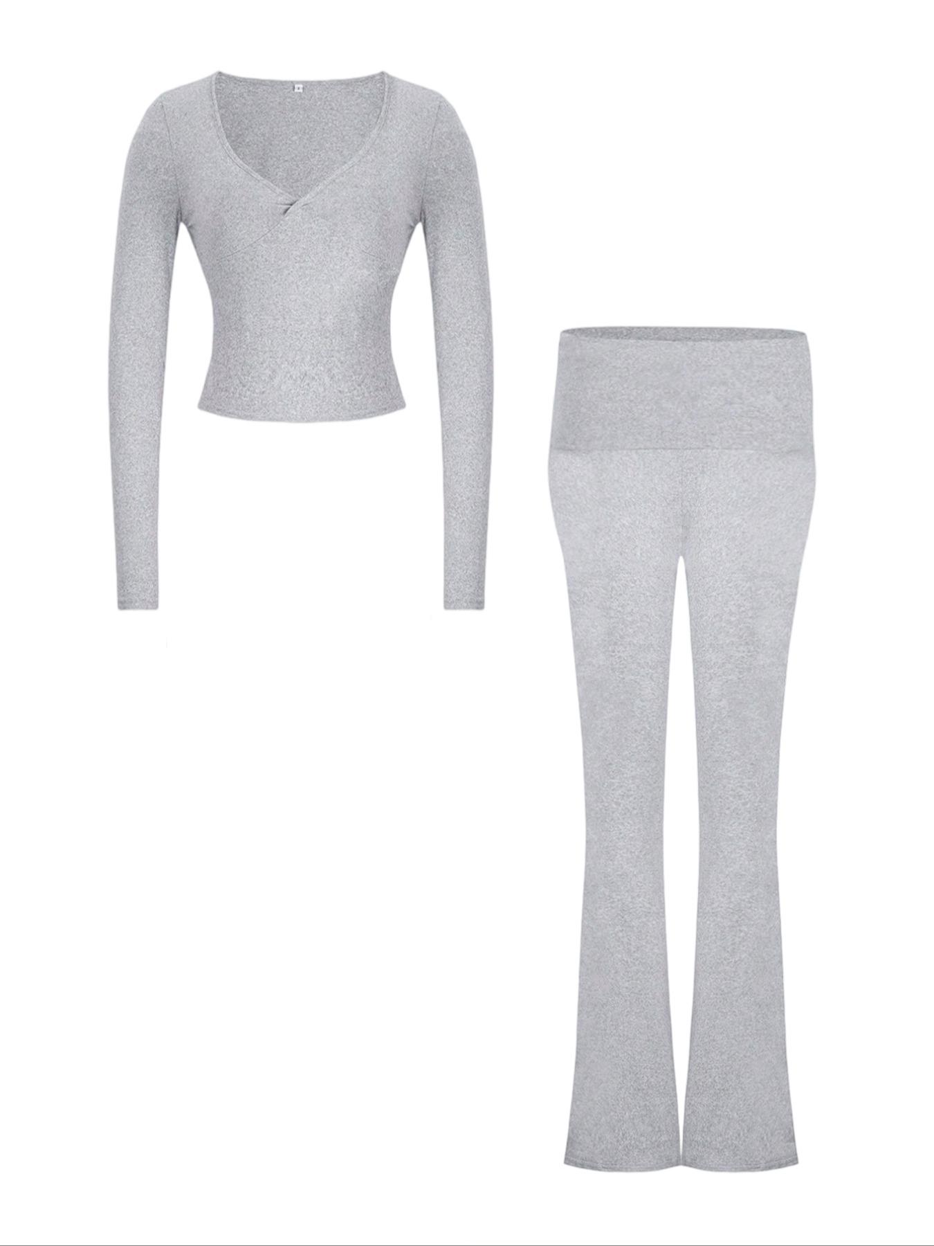 Women's 2 Piece Matching Set Long Sleeve Deep V Neck Crop Top and Foldover Flare Leggings Yoga Outfit,Women's 2 Piece Matching Set Long Sleeve Deep V Neck Crop Top and Foldover Flare Leggings Yoga Outfit Yoga Bottoms,Airport Outfit, Flare Leg Sports