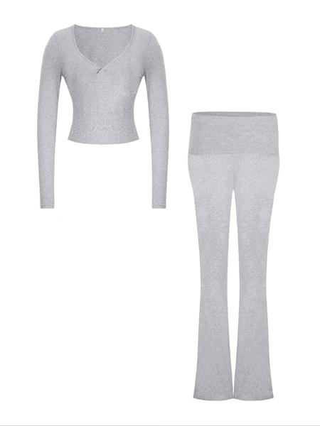 Women's 2 Piece Matching Set Long Sleeve Deep V Neck Crop Top and Foldover Flare Leggings Yoga Outfit,Women's 2 Piece Matching Set Long Sleeve Deep V Neck Crop Top and Foldover Flare Leggings Yoga Outfit Yoga Bottoms,Airport Outfit, Flare Leg Sports