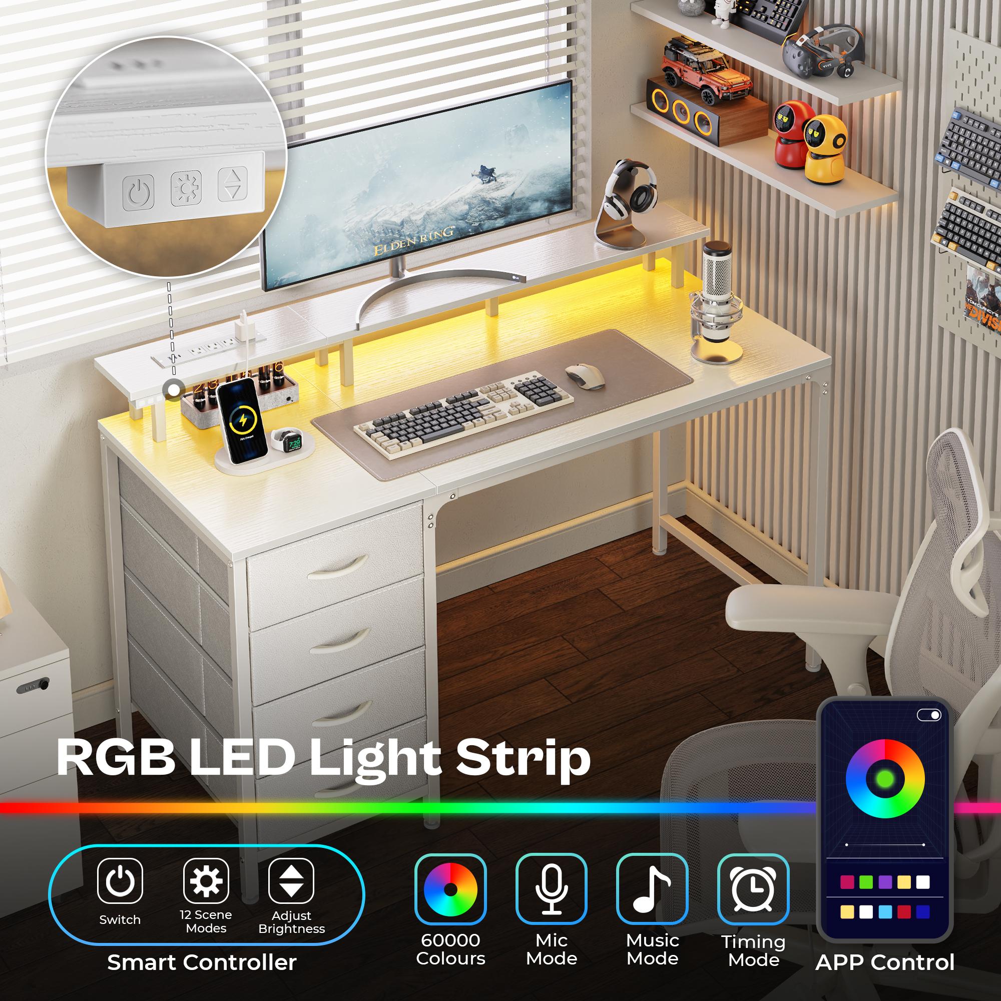 Huuger Computer Desk with Power Outlets and LED Lights, Gaming Desk with 4 Drawers, Office Desk with Monitor Stand, USB-C Port