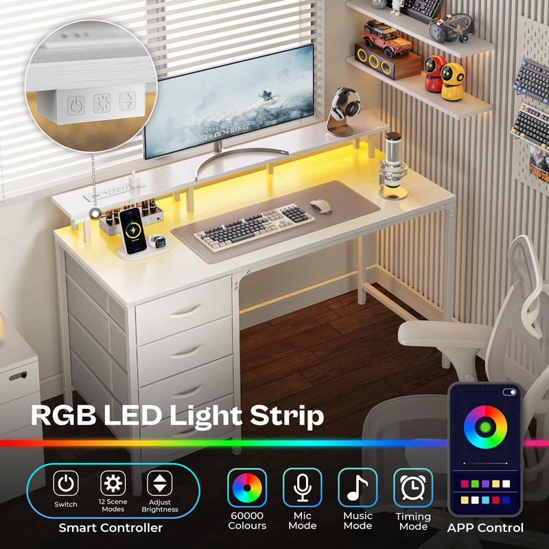 Huuger Computer Desk with Power Outlets and LED Lights, Gaming Desk with 4 Drawers, Office Desk with Monitor Stand, USB-C Port