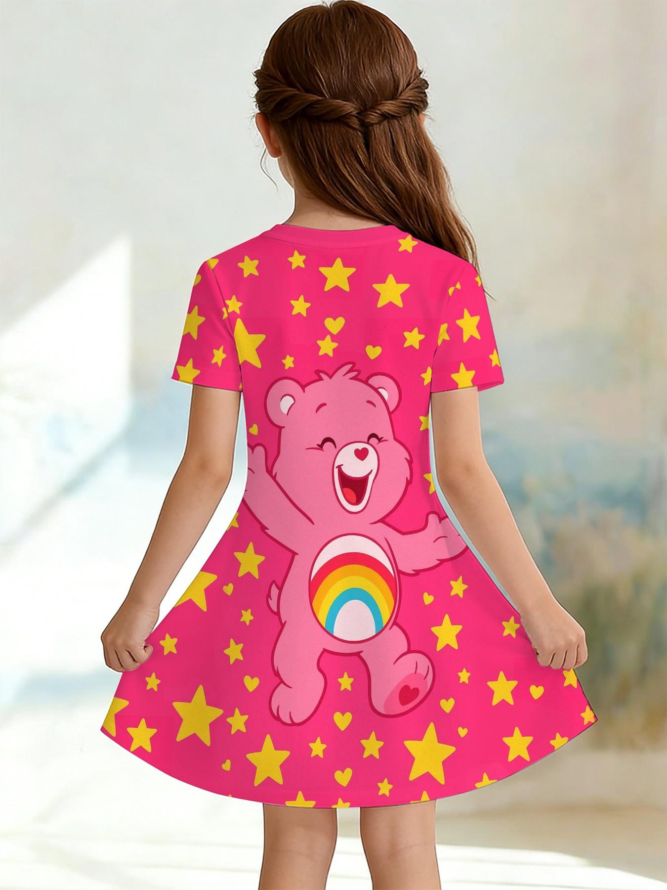 Girls' Heart Bear Cheer Bear Rainbow A-Line Dress, Cute Cartoon Short Sleeve Dress, Fashion Outdoor Wear, Birthday Gift, Holiday Gift