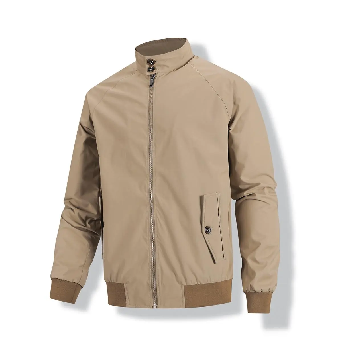 Menswear Men's Long Sleeve Stand Collar Bomber Jacket - Khaki Plain Full-Zip Harrington Coat with Button Stand Collar, Button Pockets, Ribbed Cuff Hem, Lightweight Fabric Tops for Business Casual Wind Protection