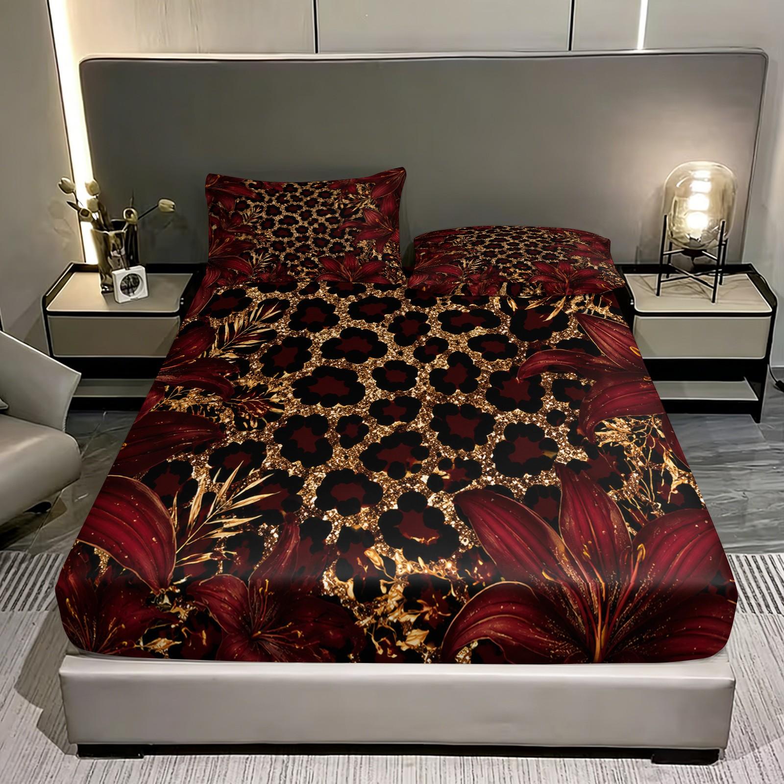 3-piece wine red gold leopard print lily flower printed bedding set, with 25cm deep pockets, including 1 bedspread and 2 pillowcases (without filling material), suitable as a holiday gift for friends, applicable for bedrooms, guest rooms, dormitories