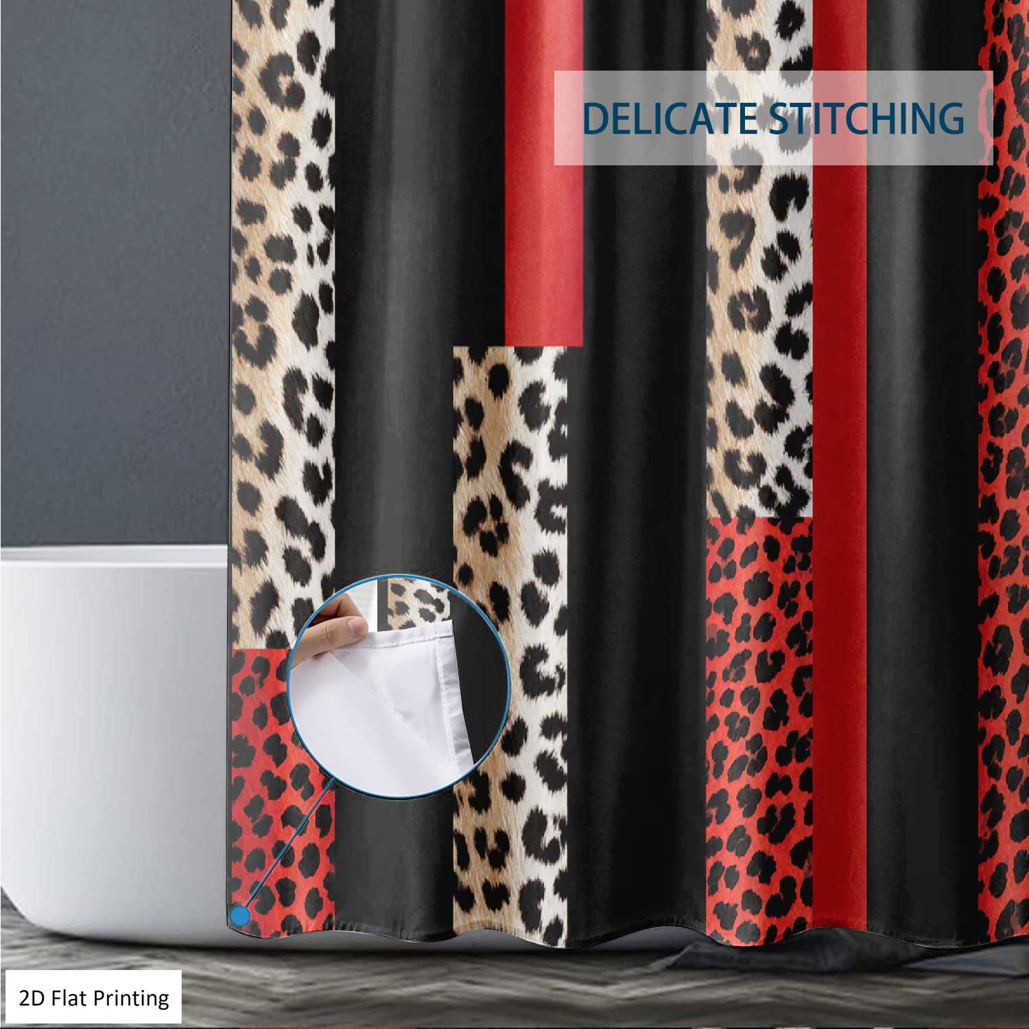 1/4PCS LEOPARD PRINTED IN RED AND BLACK Shower Curtain Set with Rugs, Non Slip Bath Mat, U-Shape Carpet, Toilet Lid Cover, Bathtub Curtain Accessories, 12 Hooks, Home Bathroom Festival Decor