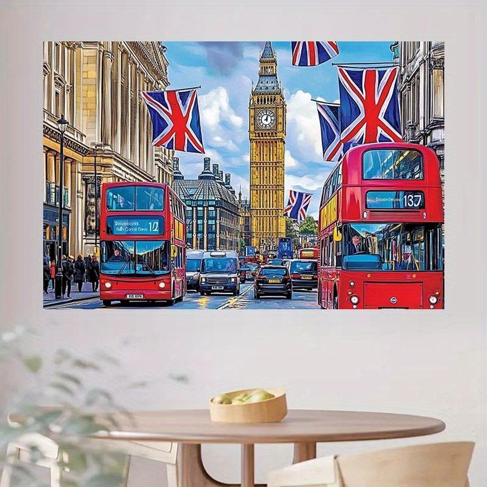 2D Flat British-Themed Party Backdrop Banner, Big Ben, Red Buses & Union Jack Flags Design, Durable Polyester for St. George's Day, Photography Props & Events
