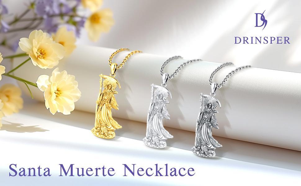 DRINSPER Santa Muerte Necklace 925 Sterling Silver Penant Necklace, Grim Reaper, Death Personified, Mythology Jewelry Necklace Gift for Men Women