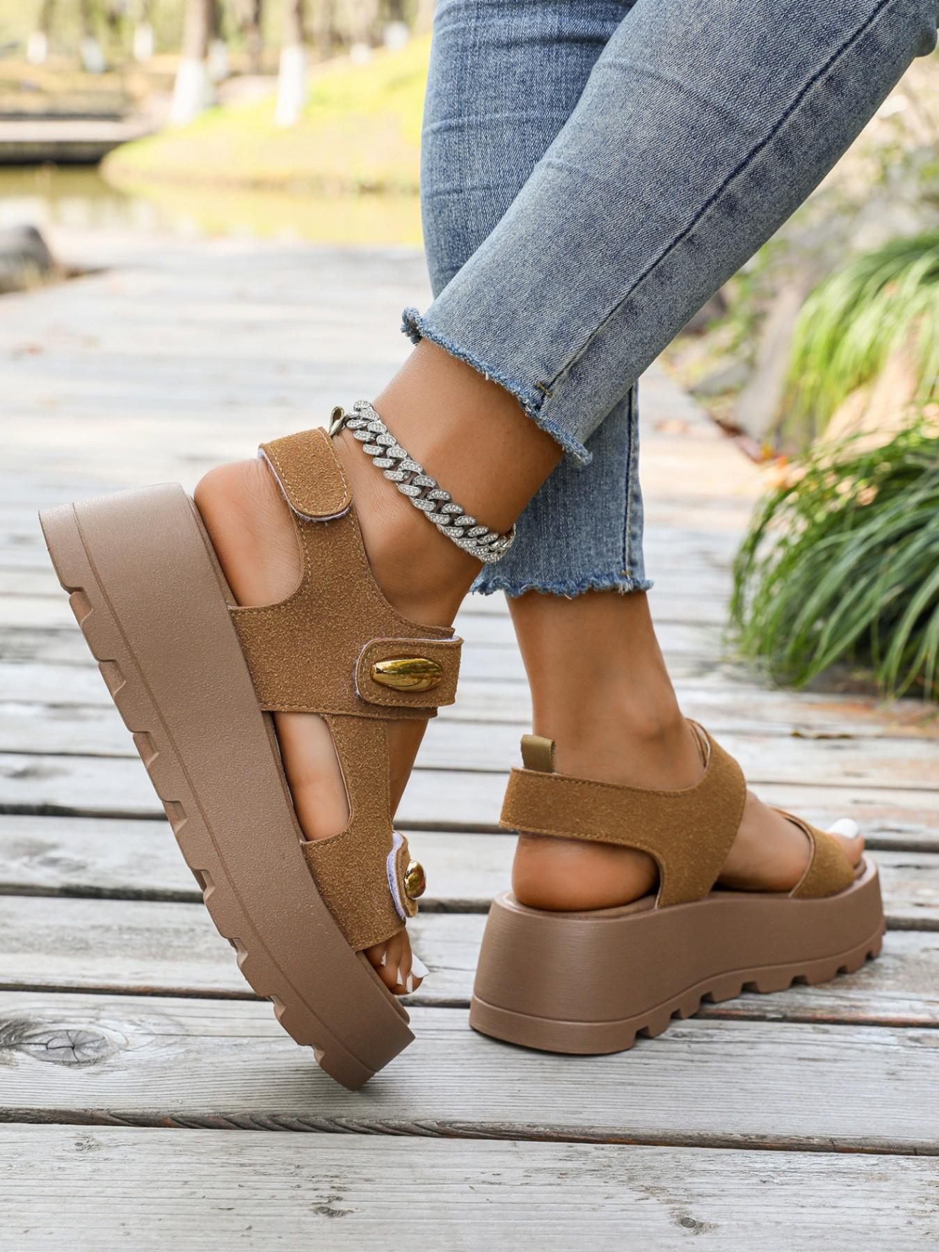 Magic Tape Thick Sole Slippers, 5cm Heel Lift, Breathable Summer Footwear, Plain Design, PU Upper, Rubber Sole, Less Than Ankle Height