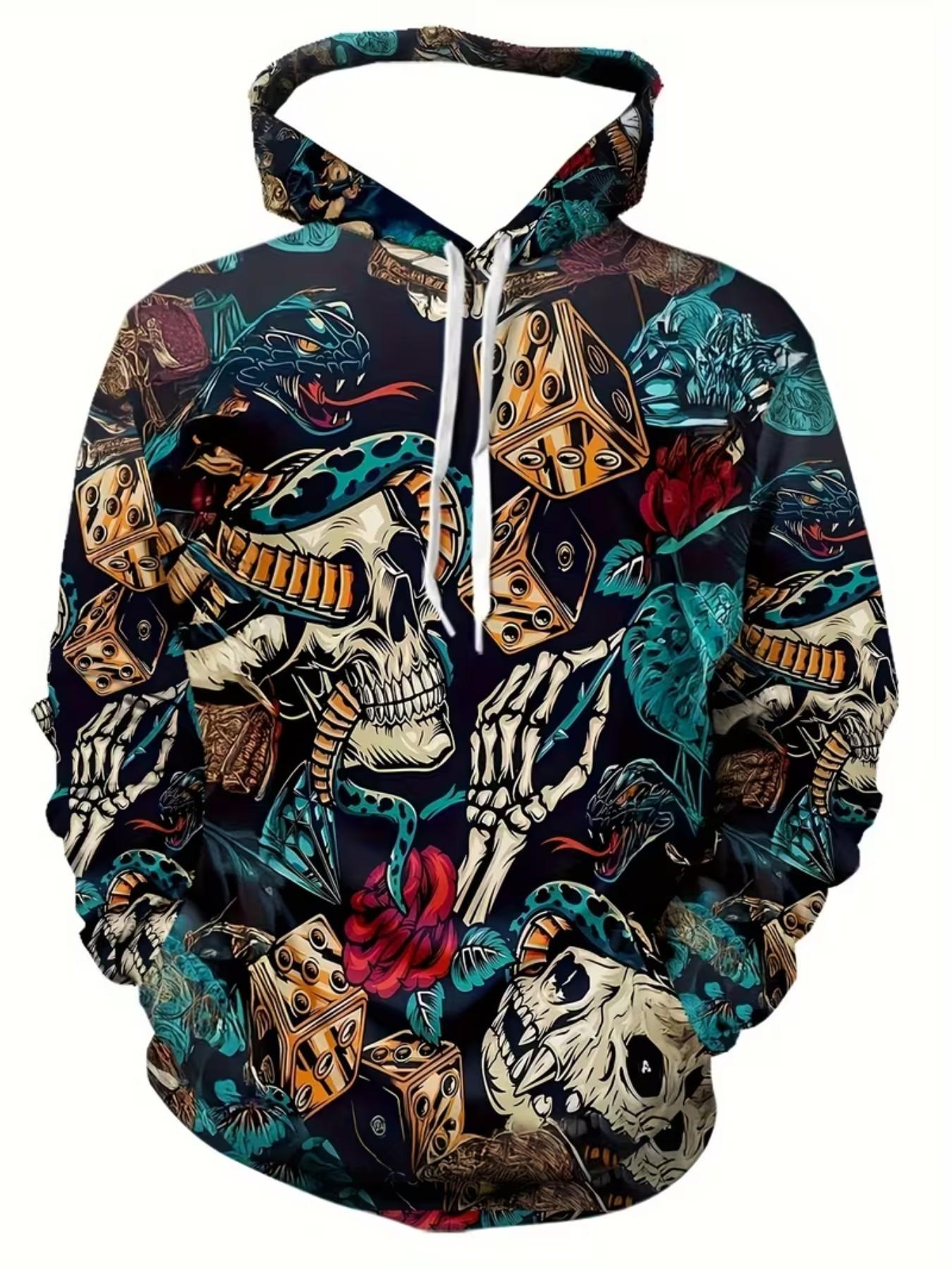 Men's 3D Skull Snake Print Hoodie, Long Sleeve Pullover, Casual Fitted Jacket, Urban Style, Comfortable Fabric