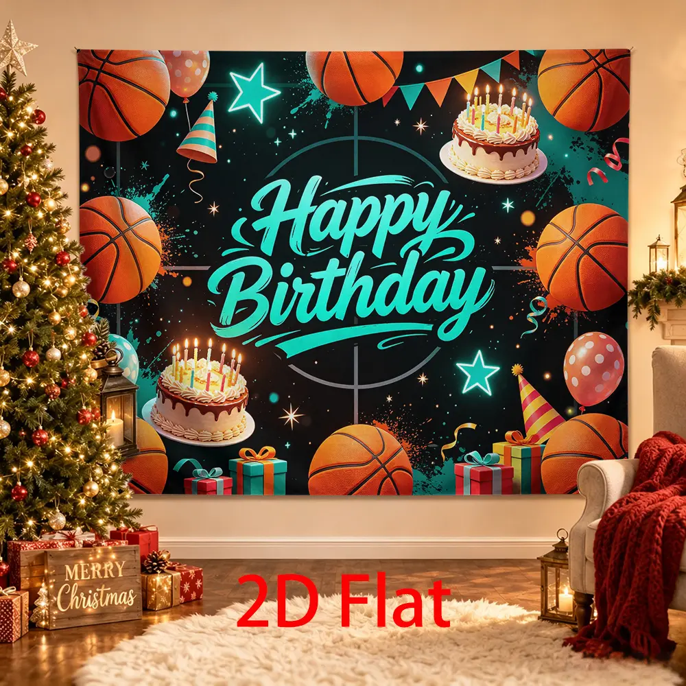 Basketball Birthday Backdrop, Black Teal Neon Sports Court Photo Background with Cakes, Balloons and Stars