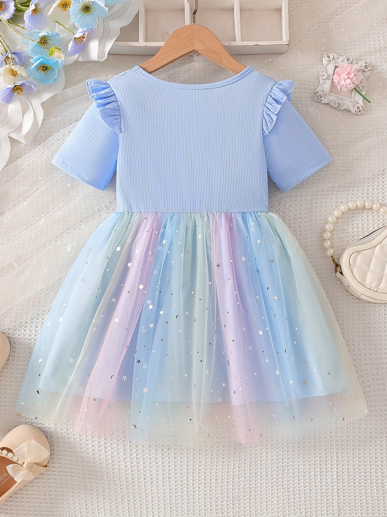 Beautiful Unicorn Print Dress for Girls, Blue Short Sleeve Princess Dress with Silver Color Stars, Casual Fitted Dress for All Seasons