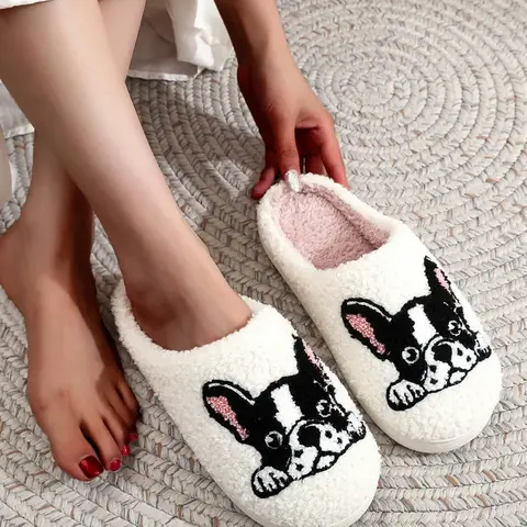 Soft Plush French Bulldog Slippers, Cute Cartoon Embroidered Shoes, Warm Non-Slip Indoor Outdoor Footwear, Best Gift for Dog Moms, Fluffy House Slippers, Animal Slippers, Non Slip Design