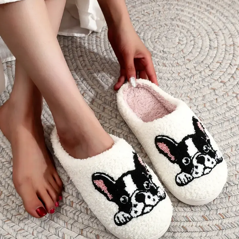 Soft Plush French Bulldog Slippers, Cute Cartoon Embroidered Shoes, Warm Non-Slip Indoor Outdoor Footwear, Best Gift for Dog Moms, Fluffy House Slippers, Animal Slippers, Non Slip Design