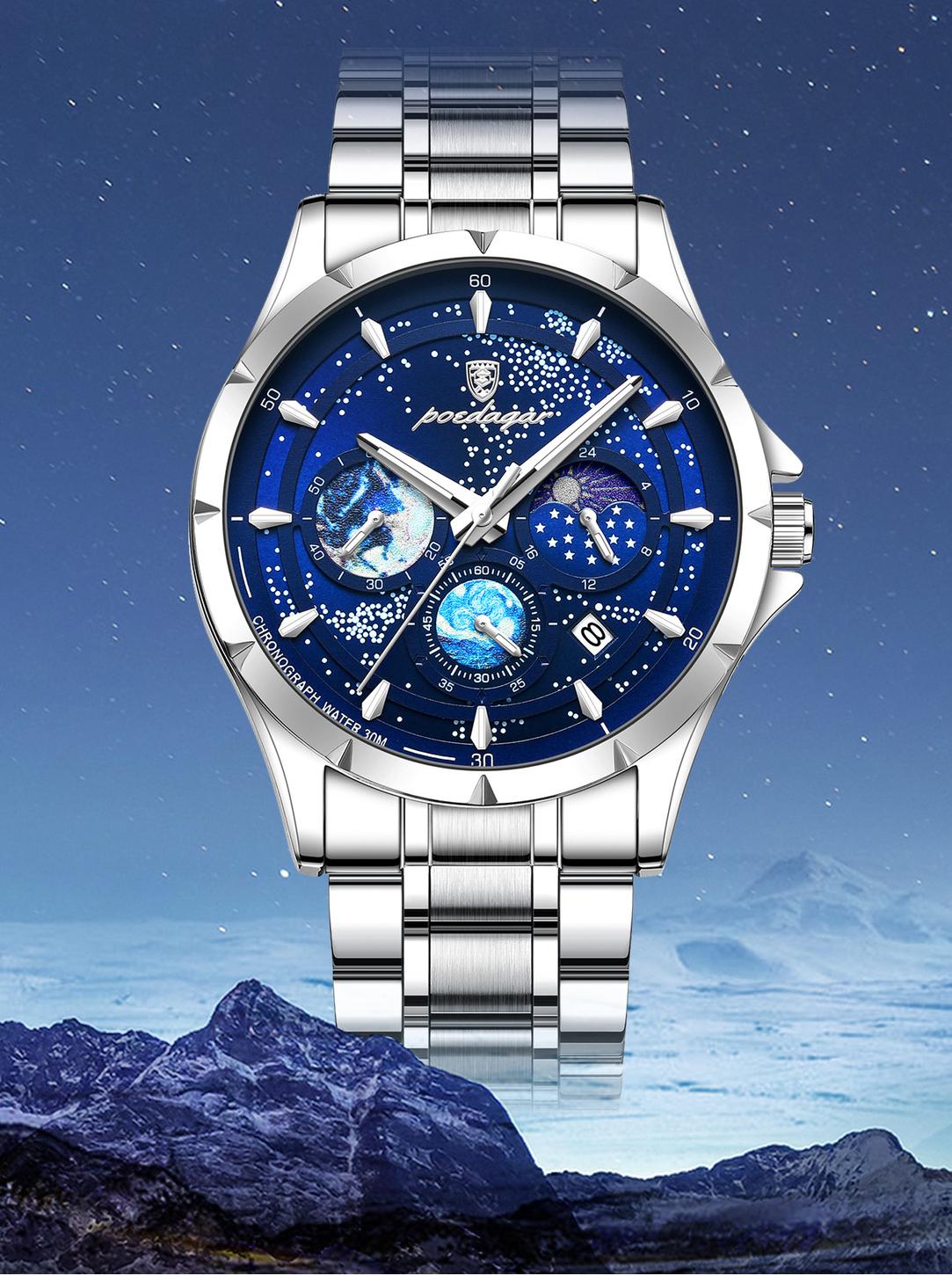 Men's Ultra-Slim Sports Watch - 42mm Chronograph Quartz Watch, Onion Crown, Luminous Moon Phase, Tachymeter, 50M Water Resistant, Stainless Steel Band, Round Face