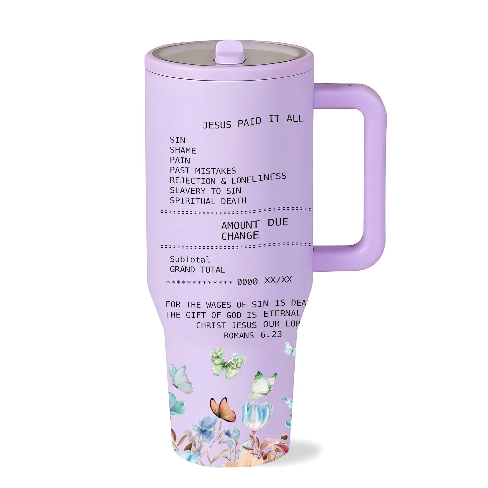 1 Pc 40oz insulated mug Tumbler, Christian Bible verse floral cross butterfly design, double wall vacuum insulated, leak proof lid with handle, keeps hot 12 hours and cold 24 hours, for hot cold drinks, office travel gym, faith gift for women men, holiday