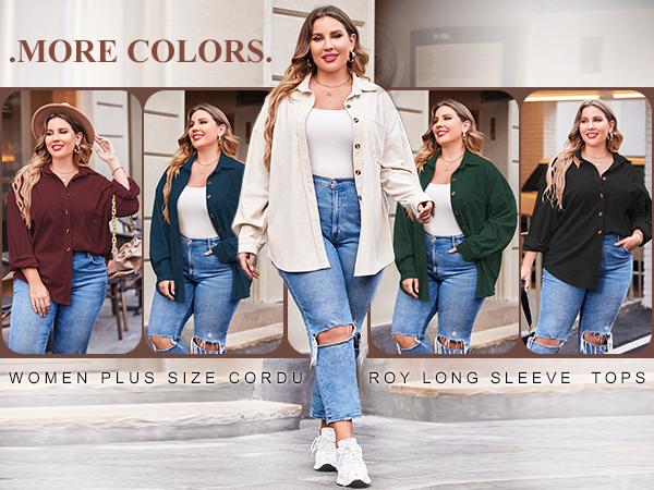Plus Size Womens  Corduroy Shirt Long Sleeve Button Down Shirts Fall Blouses Tops Casual Jacket Shacket Loose Fit Womenswear#US 2025 Deals for You Days