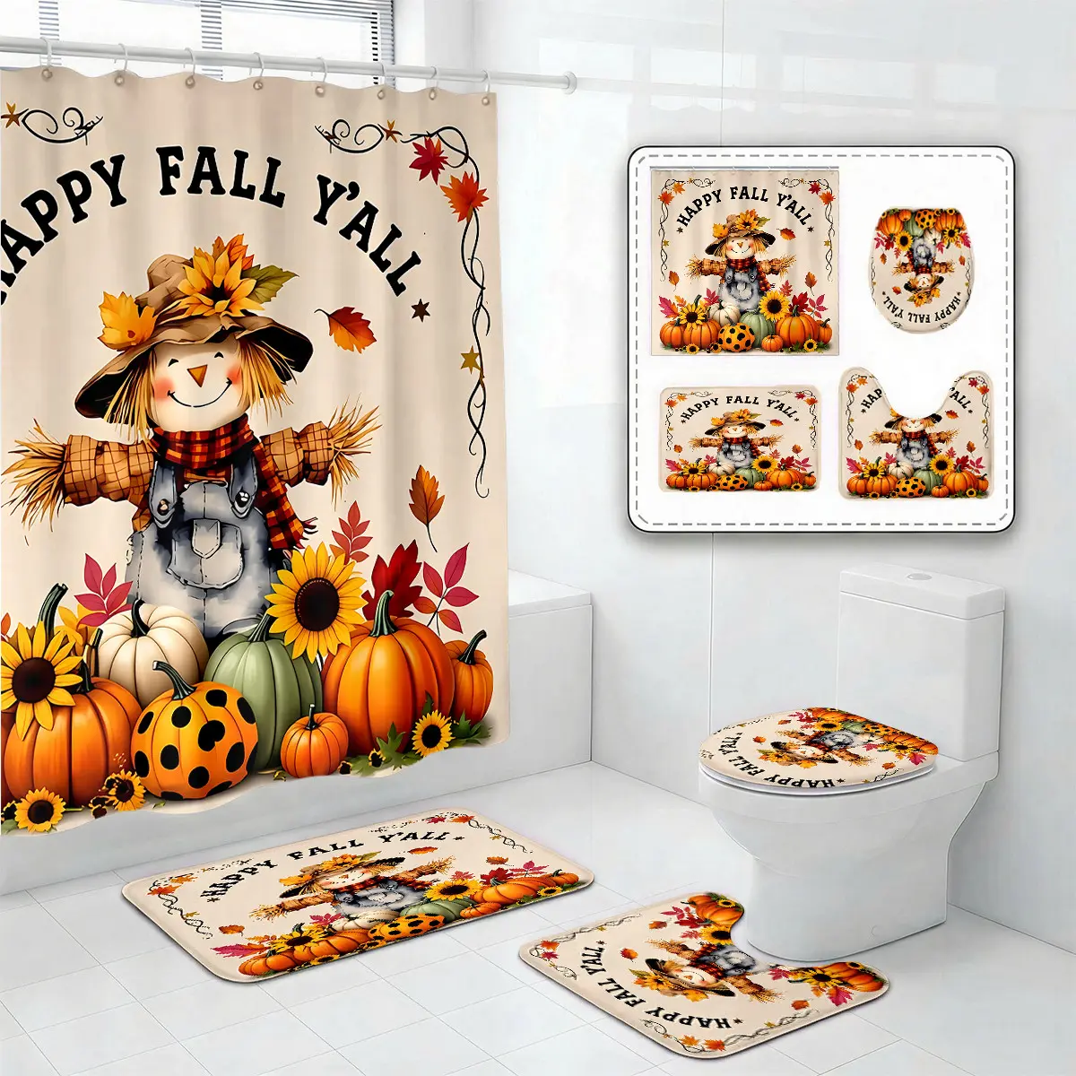 Happy Fall Y'all Scarecrow Shower Curtain Set – Pumpkin Sunflower Maple Leaf Harvest Bathroom Decor for Thanksgiving, Autumn Festival & Halloween Vibes