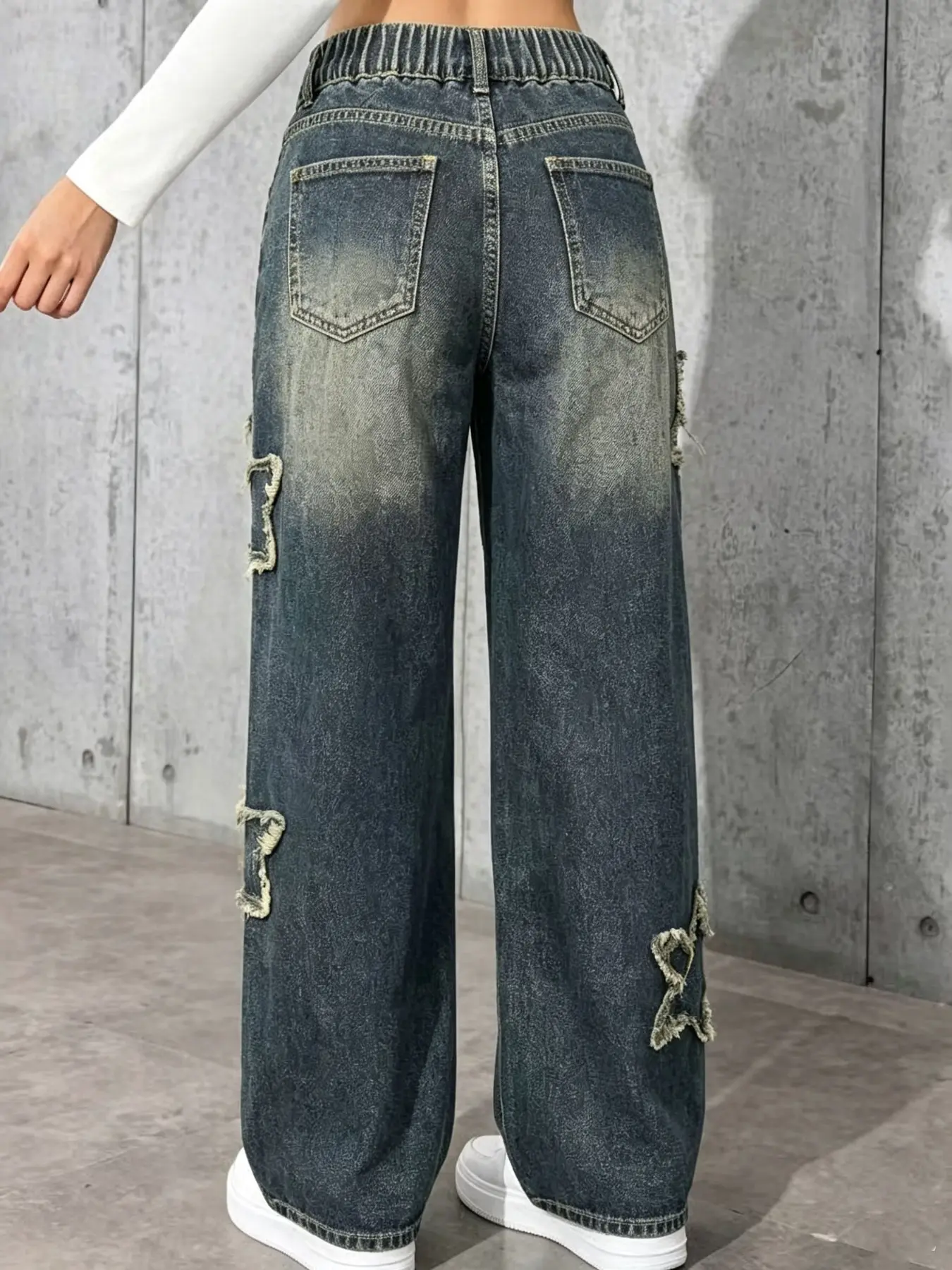 Y2K Star Patch Wide Leg Jeans, High Waist Light Wash Loose Denim Pants For Women