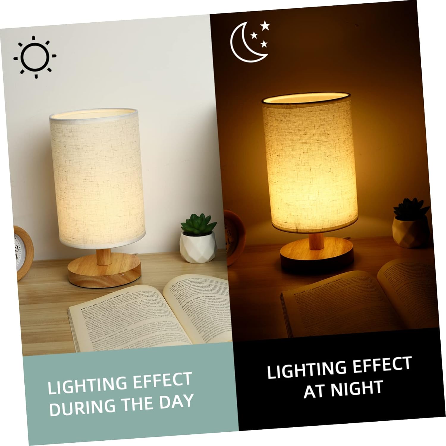 USB Bedroom Night Light, Linen Shade, Wooden Base, LED Lamp, Tabletop Installation, Ideal for Reading, Living Room, Office
