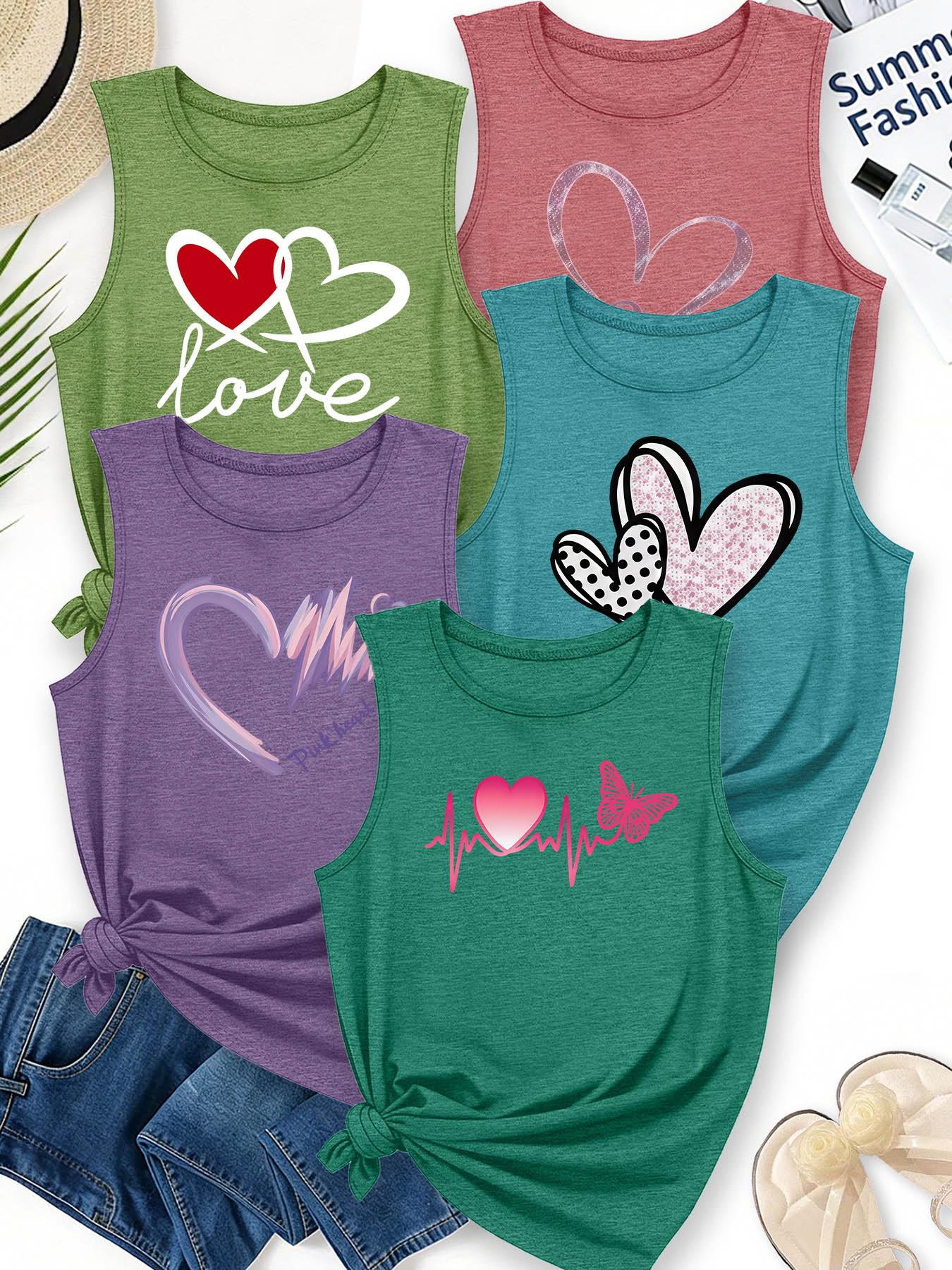 5Pcs Women Crew Neck Sleeveless Tank Tops, Varied Texture Heart Butterfly Sweet Print, Multi-color Washable Spring Summer Top, Soft Skin-friendly Fabric Daily Versatile Fashion Design
