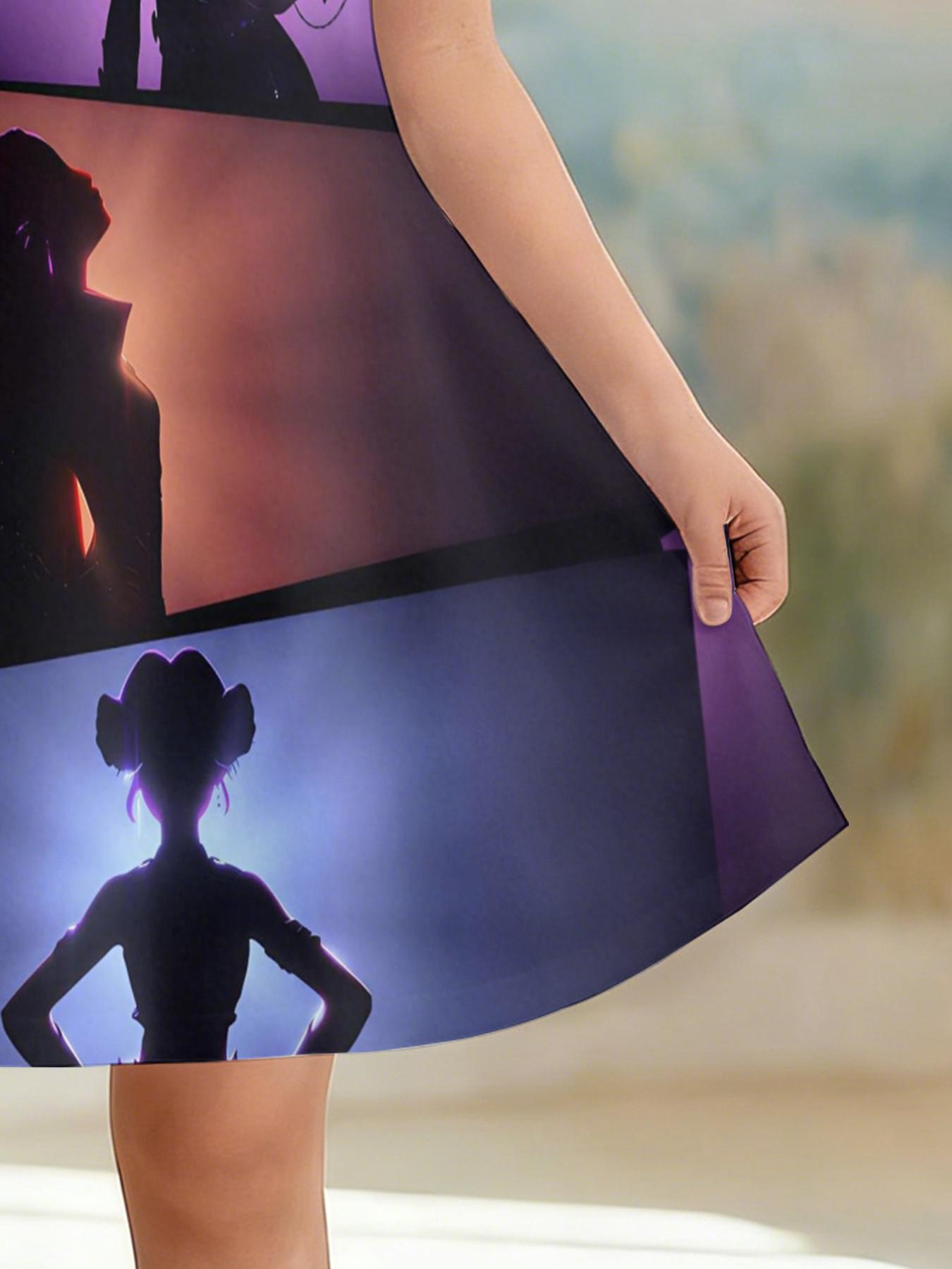 Girls' 3D Short Sleeve Dress, Gradient Kda Idol Full Print, Summer Party Wear, Perfect for Holidays, Birthday Gifts