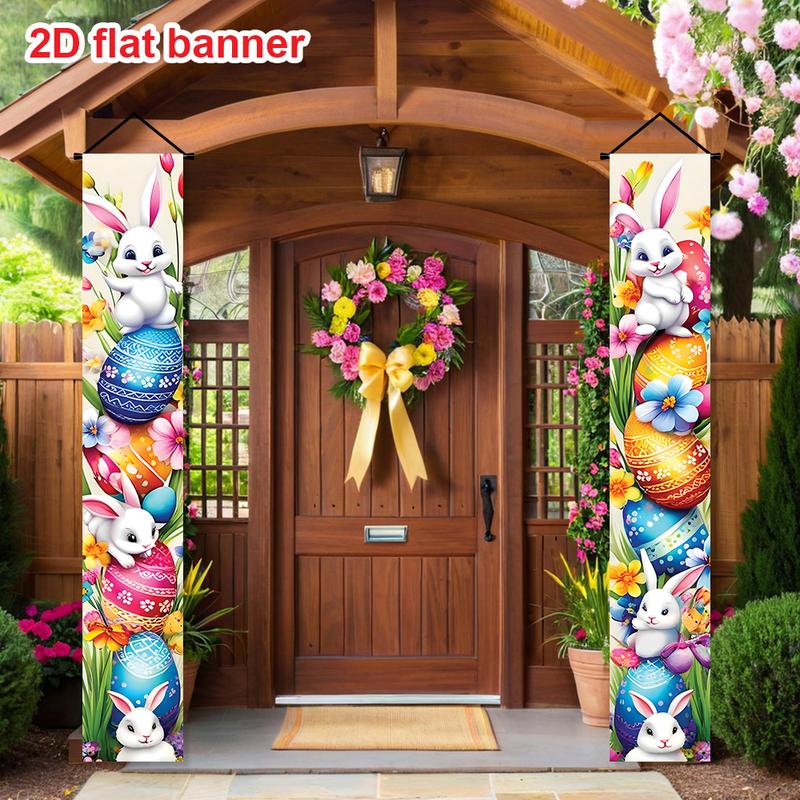 1 pair of Easter Happy Porch Banner set, 11.8x70.8 inches, featuring Happy rabbit and Easter egg designs, Easter and spring door decorations, suitable for both indoor and outdoor use, perfect for front porch, terrace, and garage