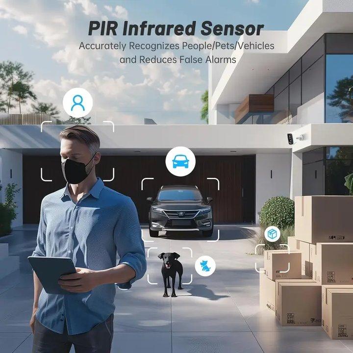 Solar Security Camera Outdoor, Wireless Battery Home Indoor Camera, Solar Panel Autonomous, 360° 2K Full Color Night Vision, PIR Alarm