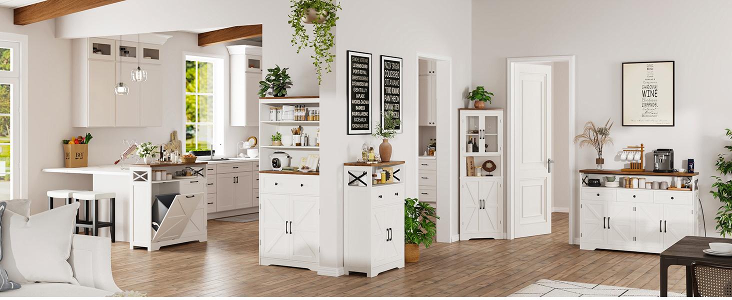 Vabches Farmhouse Buffet & Sideboard Cabinet with Storage - White Pantry Cabinet with Drawers, Wood Cupboard Hutch, Coffee Bar Station Table for Kitchen, Living Room & Dining Room