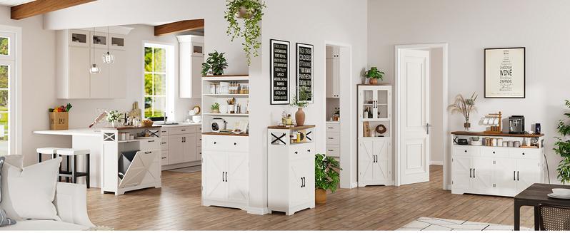 Vabches Farmhouse Buffet & Sideboard Cabinet with Storage - White Pantry Cabinet with Drawers, Wood Cupboard Hutch, Coffee Bar Station Table for Kitchen, Living Room & Dining Room
