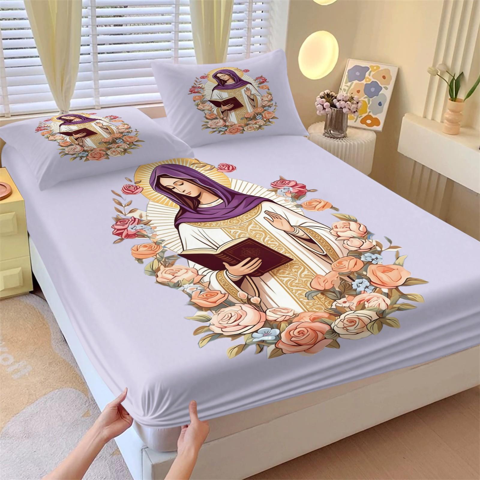 Guadalupe Virgin Mary Pattern Bed Sheet, Comfortable Printed Pattern, Includes 1 Bed Sheet and 2 Pillowcases, Comfortable Bedding, Non slip Dust Cover Suitable for Bedroom and Guest Room, Suitable for Children or Adults as Gifts