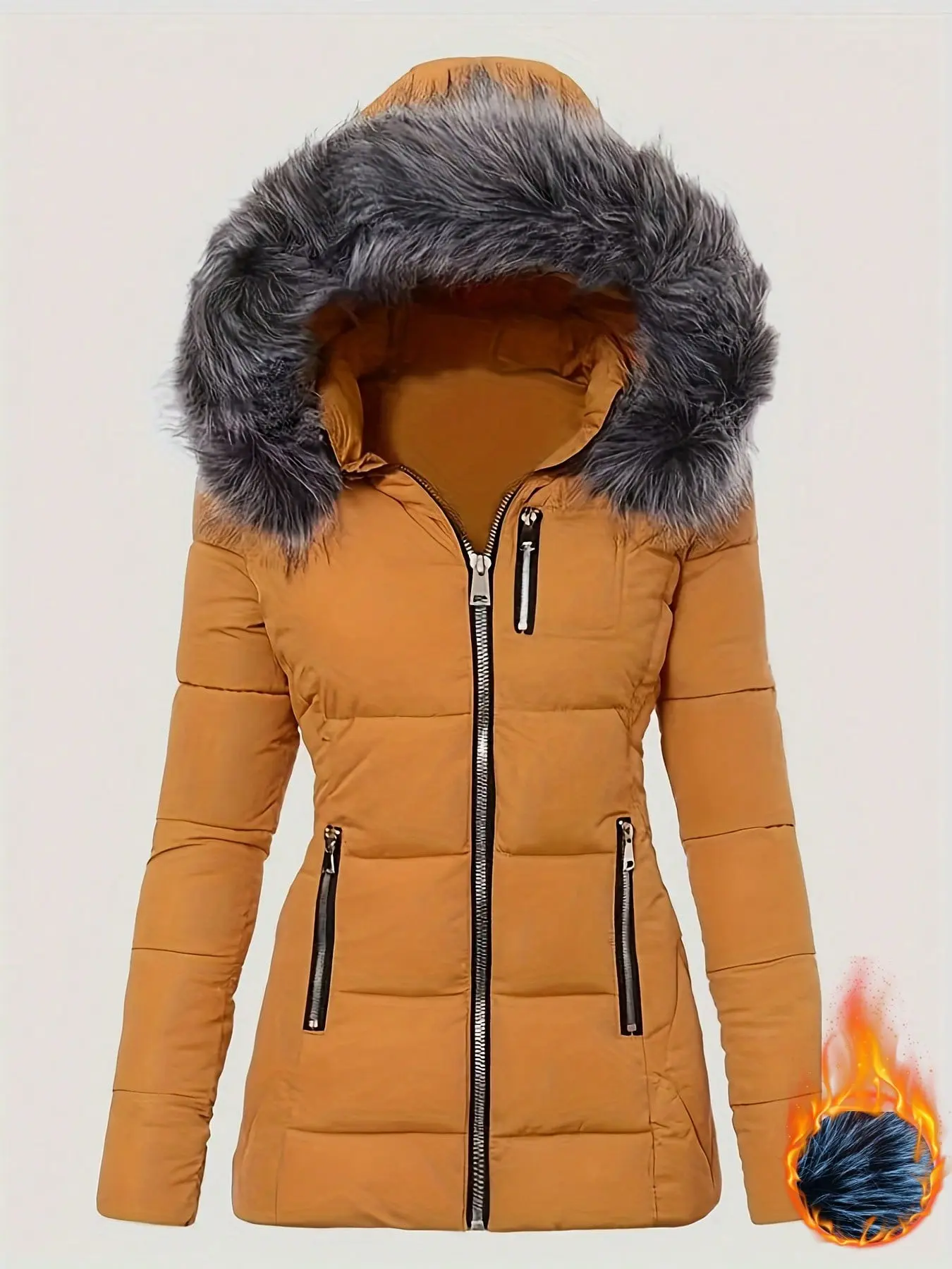 Women's Winter Fashion Quilted Jacket, Fur Lined Hoodie Coat, Zip Pockets, Perfect for Winter Outing, Stylish and Warm Outerwear