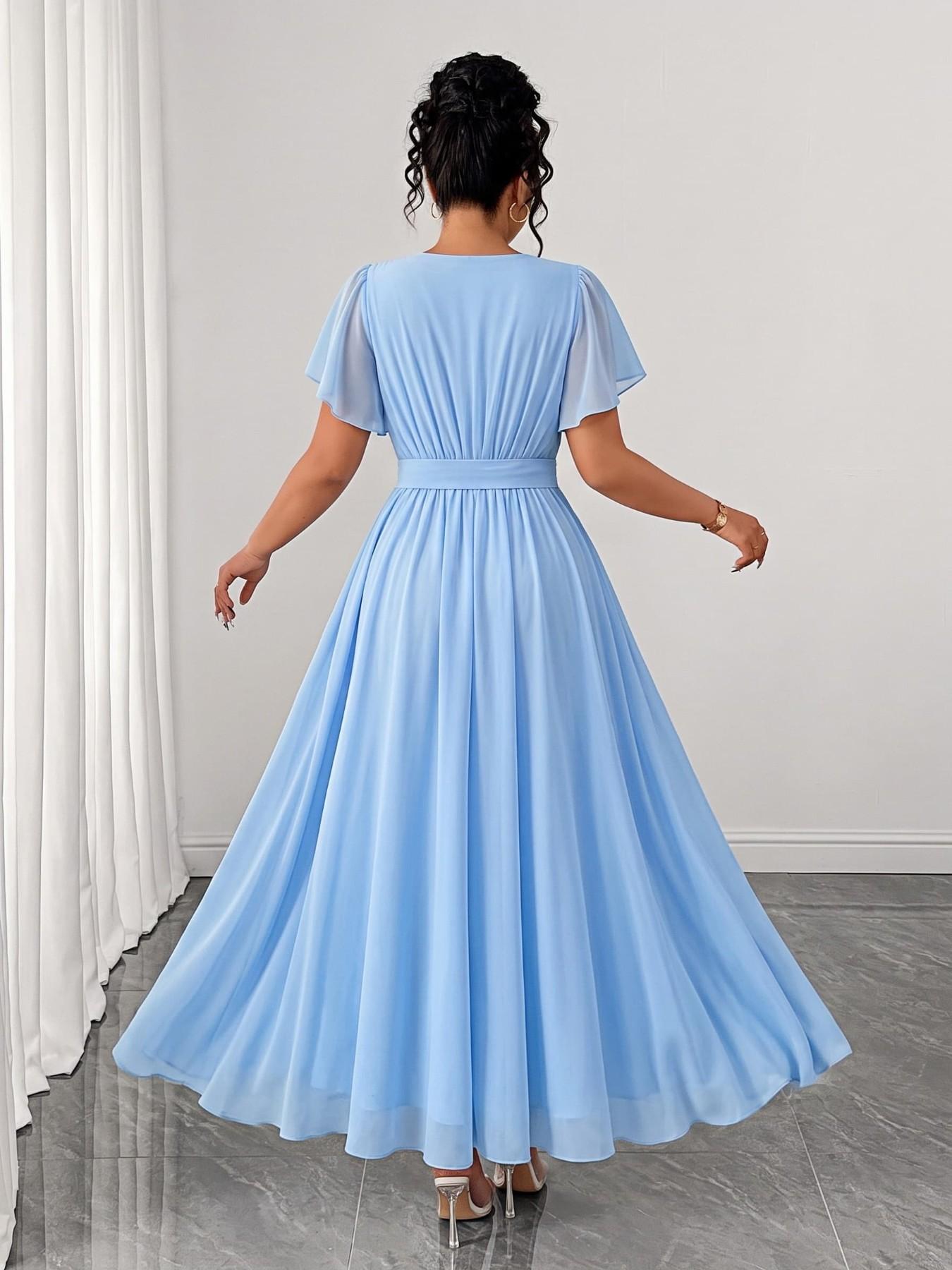 Plus Size Women's Solid A-Line Dress, Ruffle Sleeve Lightweight Flowy, Tie Waist Accentuate Curves, Elegant for Parties, Dates, Weddings, Elegance