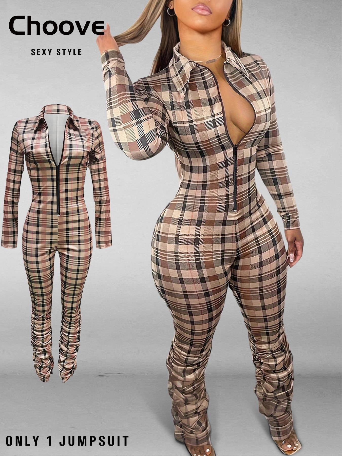 Women's Sexy Plaid Bodycon Jumpsuit with Zipper Front & Ruched Design, Tight-Fitting Long Sleeve Jumpsuit for Fall & Winter