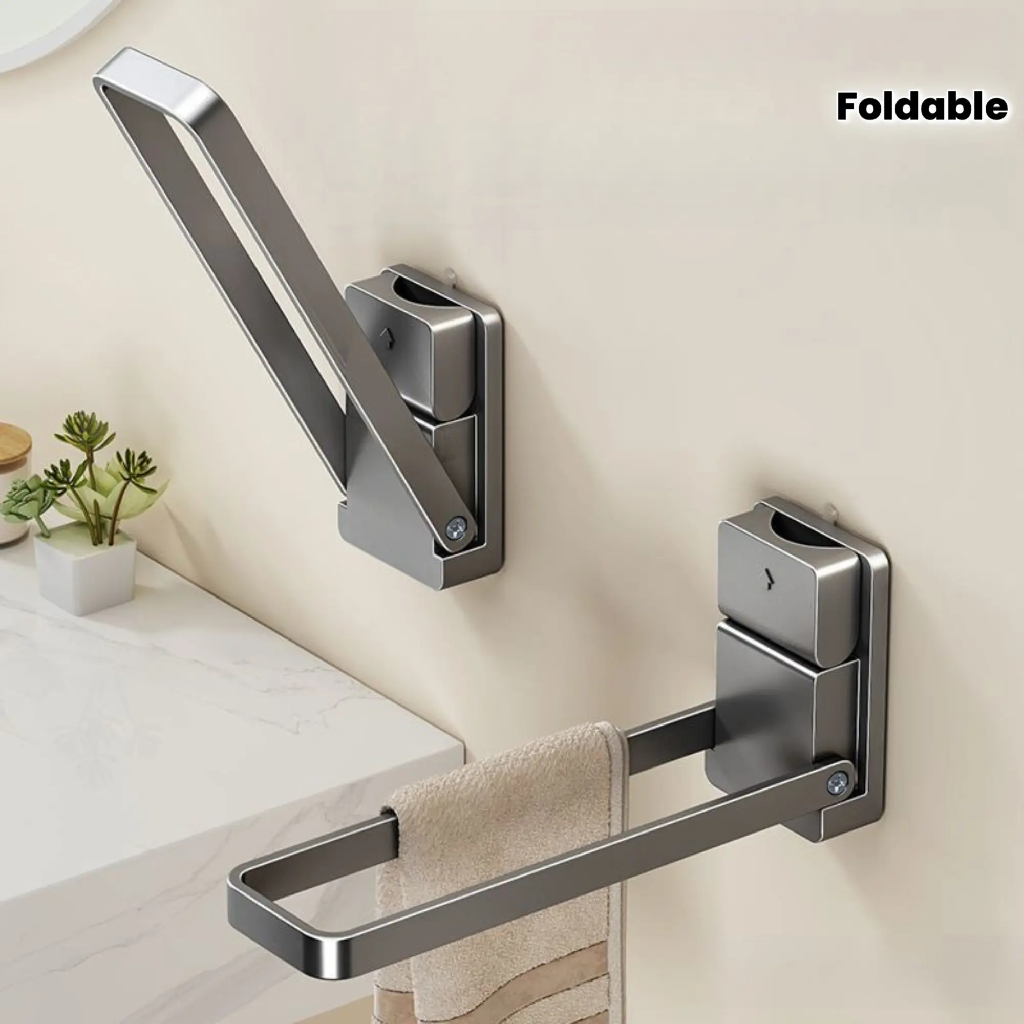 A foldable towel rack with a suction cup, designed for hanging hand towels near the sink; it features a drill-free design and is suitable for storing towels, jewelry, hair ties, and other items in the bathroom.