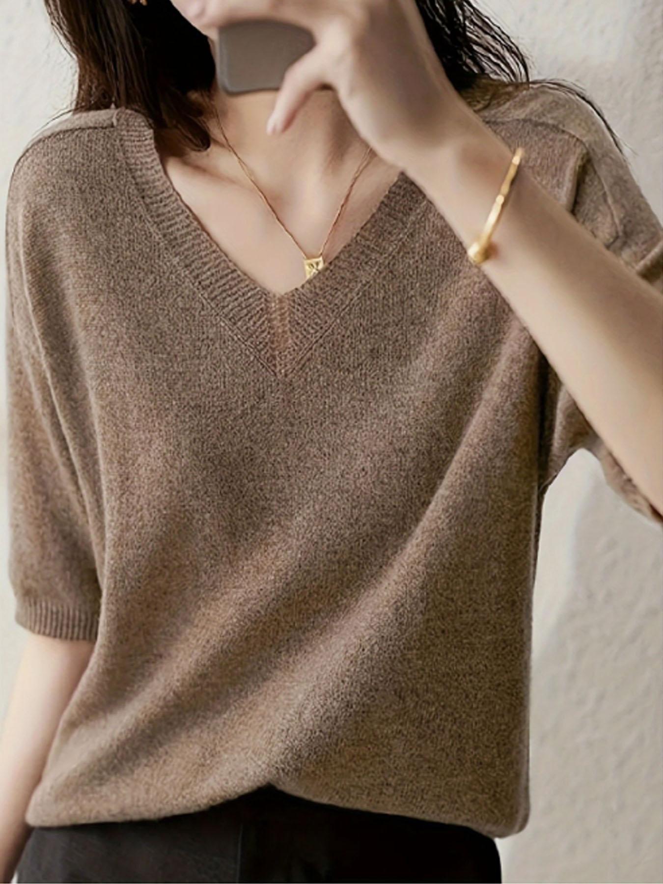 New Knitted Short Sleeve T-Shirt for Women, Thin Loose V-Neck Slimming High-Quality Breathable Top, Stylish Casual Wear