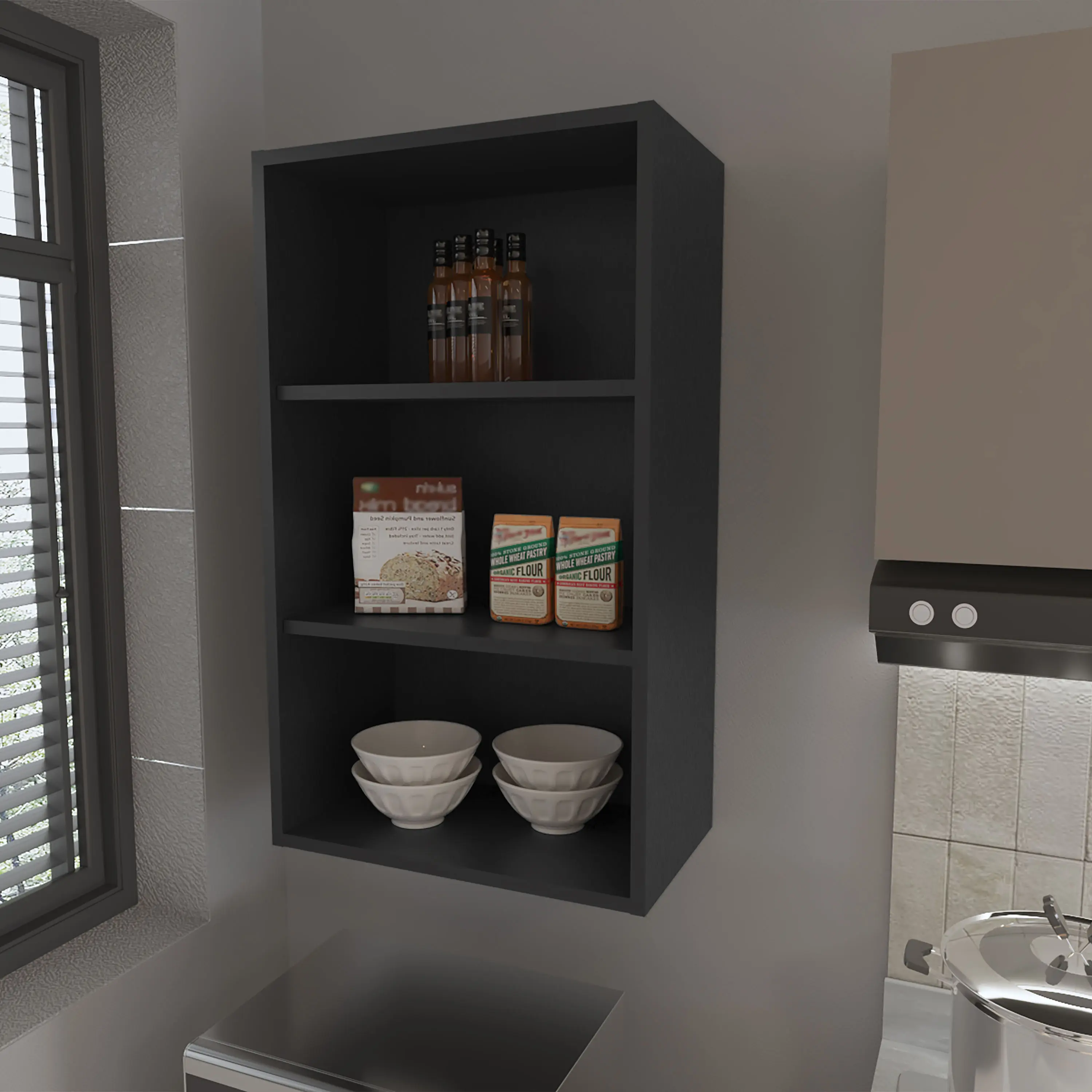 Nokaa Wall Mounted Kitchen Cabinet with 3 Open Shelves, Black Melamine Storage for Spices, Bowls, Jars, Modern Particle Board Organizer, 21W x 12D x 36H Inches, Easy Assembly