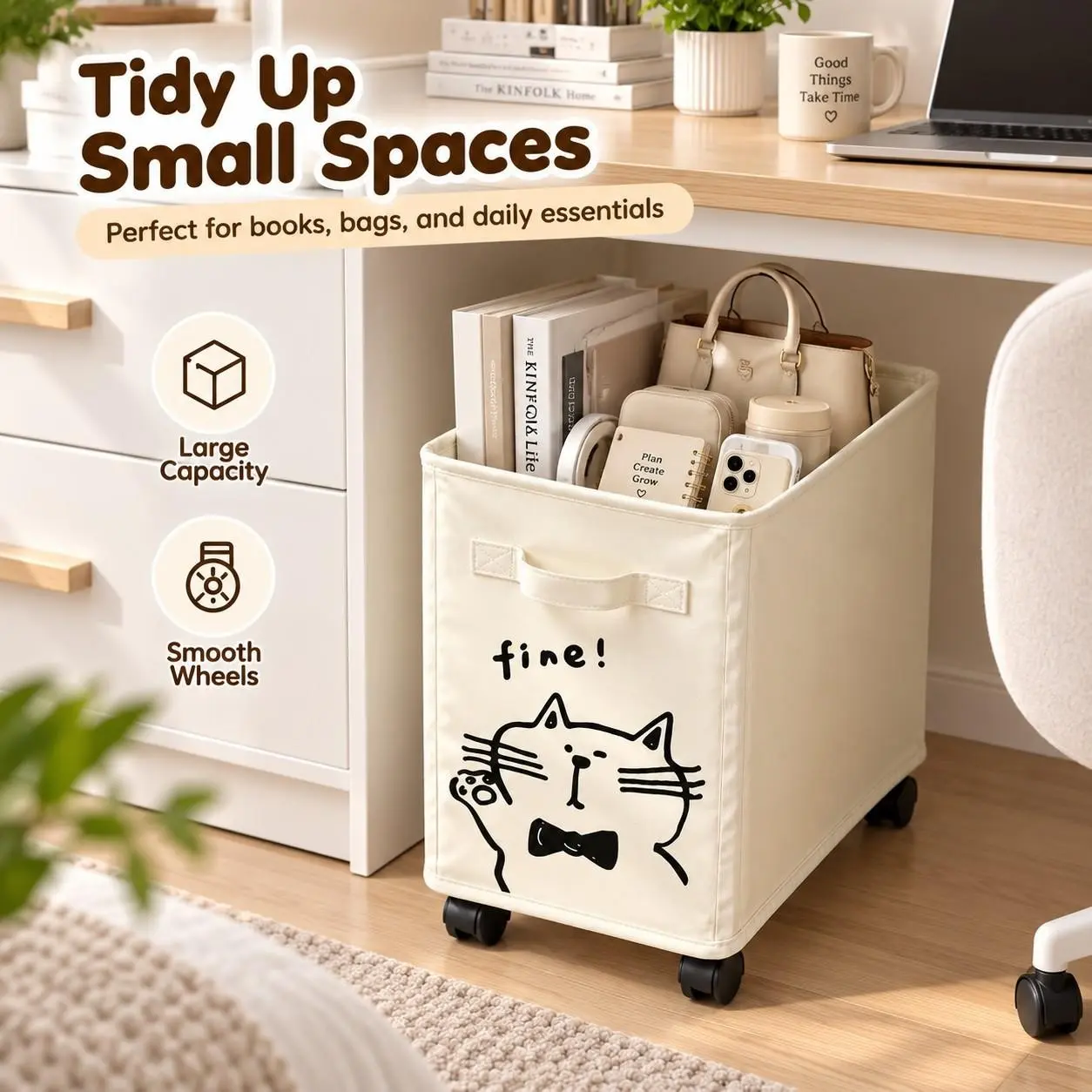Foldable Rolling Storage Basket, Office Supplies Organizer with Wheels, Cat Cartoon Design, Under Desk Mobile Storage Solution, Reusable Organiser