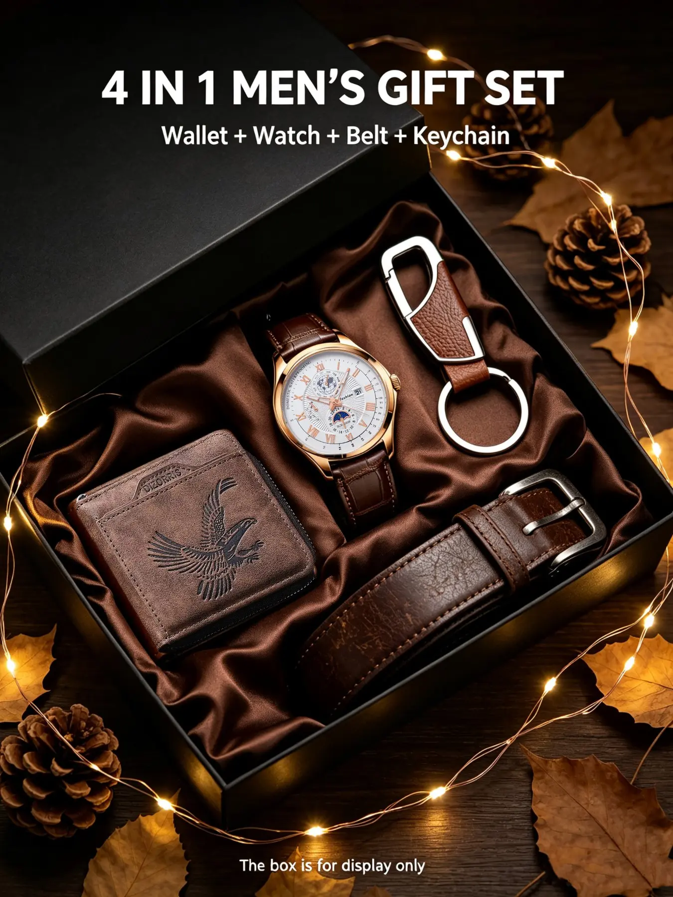 Vintage Men's Four-Piece Gift Set, Perfect Gift Bundle, Moon Phase Watch, Eagle Pattern Wallet, Belt, Keychain, Thanksgiving & Christmas Gifts