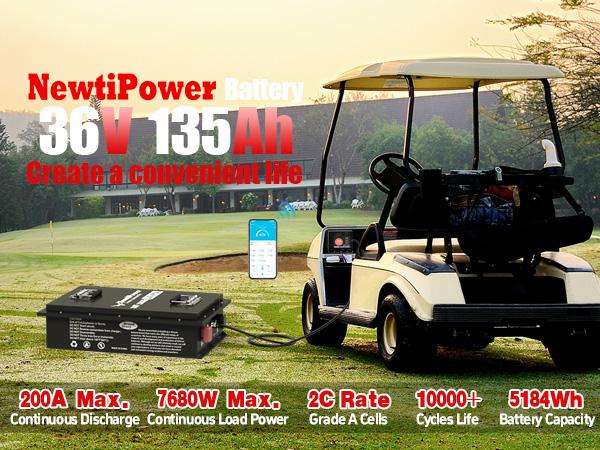 36V 135Ah Golf Cart LiFePO4 Battery with APP & Chager & Monitor, 10KW Continuous Power Lithium Battery with 200A BMS, Up to 10000+ Rechargeable Cycles, Perfect for golf cart