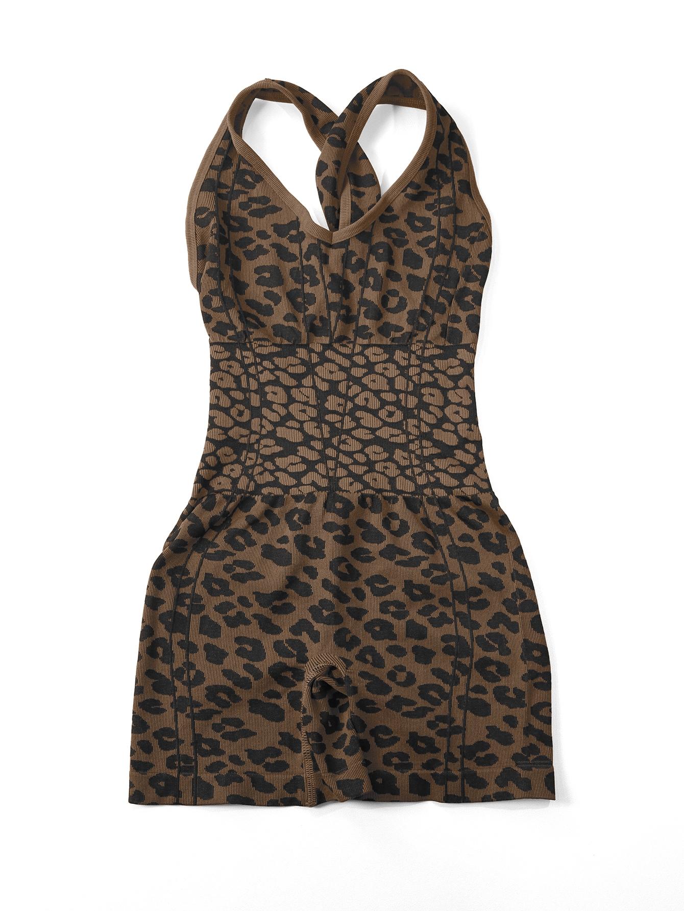Women's Sporty Jumpsuit, Deep U-Neck Leopard Print, High Waist Fitted, Breathable Yoga Wear, Gym Outdoor Running Training