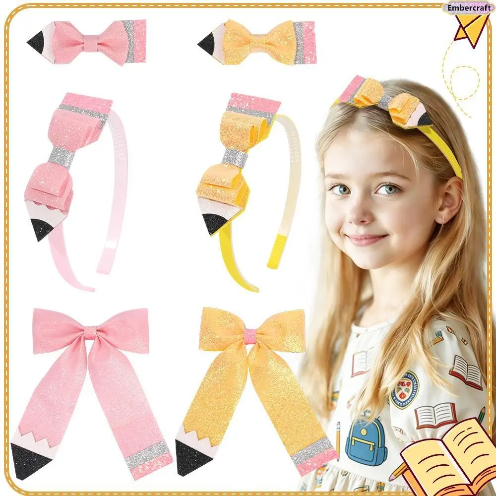 Viral Back to School Pencil Bow Hair Clip for Girls, Glitter Teacher-Inspired Hair Bow Barrette, Cute Aesthetic School Hair Accessory, Lightweight Sparkly Headpiece for Classroom, First Day of School & Picture Day Outfits