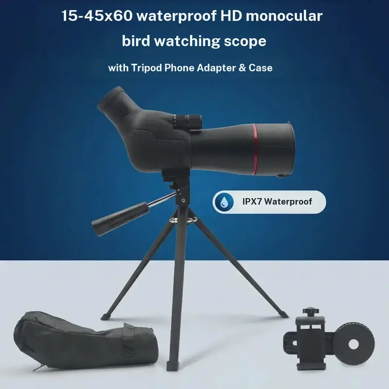 15 45x60 Zoom Spotting Scope, Waterproof HD High Power Telescope for Long Range Bird Watching & Wildlife Observation, with Tripod and Phone Adapter