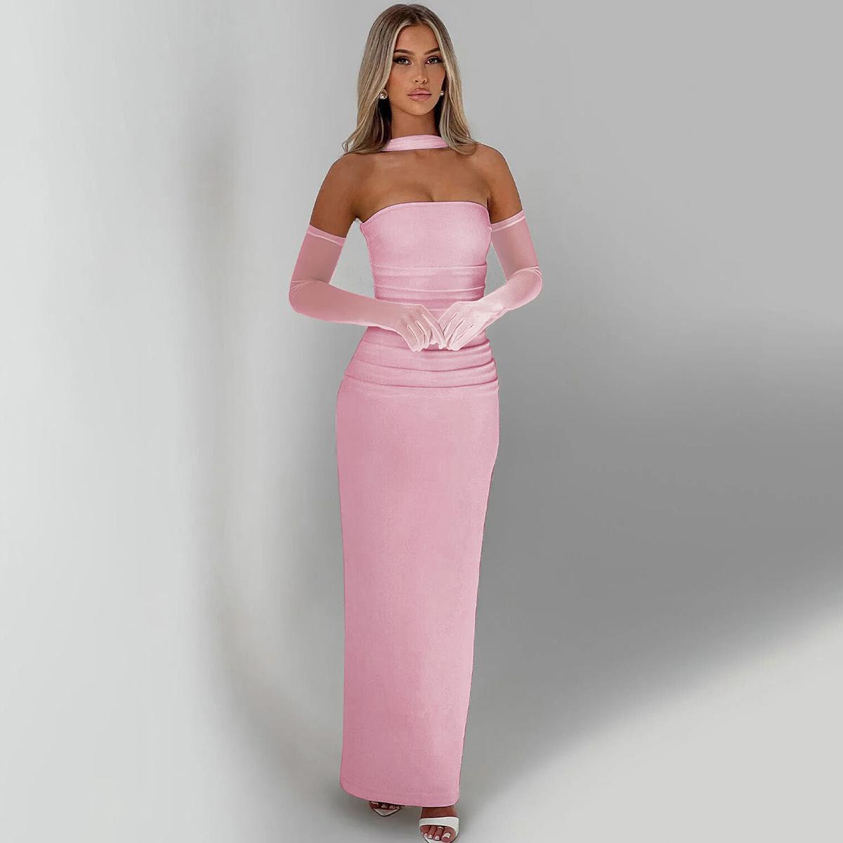 Strapless Mesh Neck Tie Long Sleeve Bodycon Maxi Dress for Women's Summer Sexy Evening Party Club Dating Gown Beach Vacation Dresses Outfits