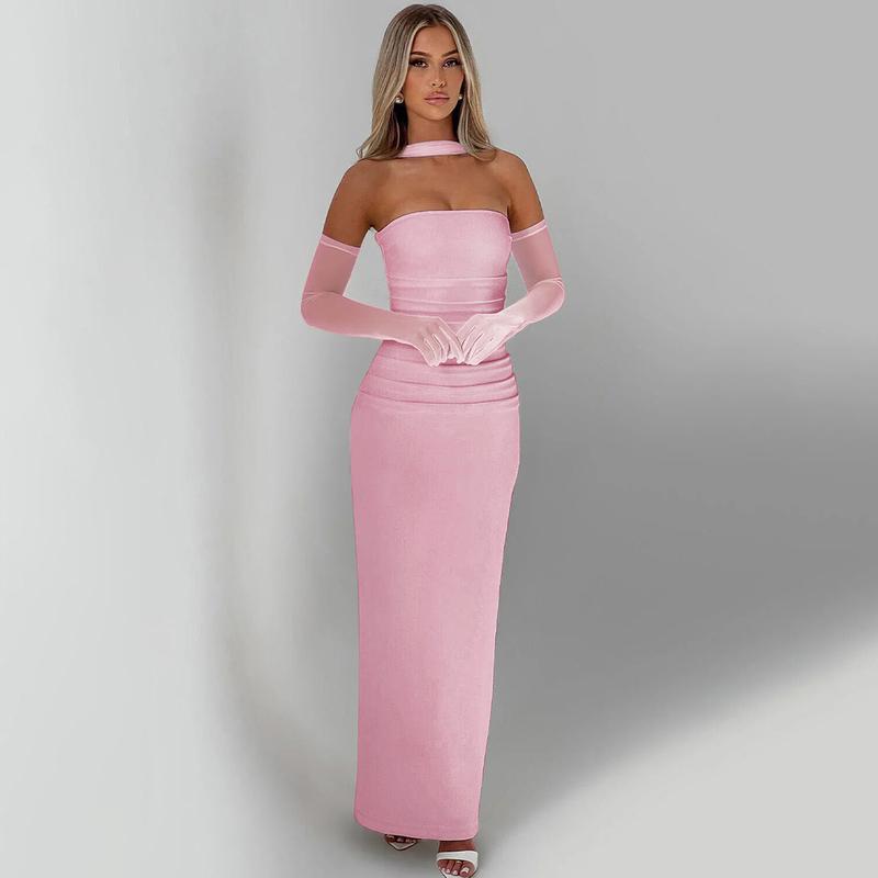 Strapless Mesh Neck Tie Long Sleeve Bodycon Maxi Dress for Women's Summer Sexy Evening Party Club Dating Gown Beach Vacation Dresses Outfits