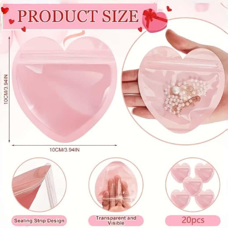 20pcs Pink Heart-Shaped Jewelry Bags, Transparent Sealed Bags, Suitable for Earrings, Rings, Necklaces and Travel Storage