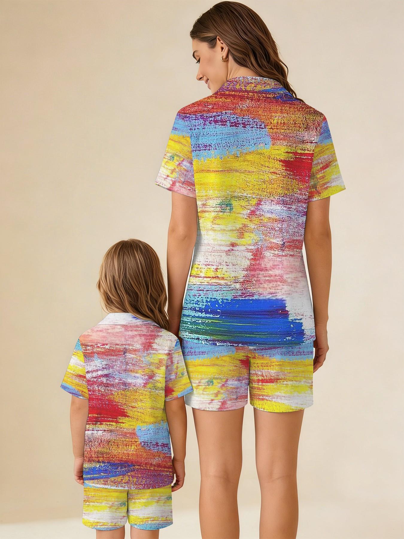 3D Chiikawa Parent-Children Pajamas, Vibrant Graffiti Style 3D Print, Comfort Home Wear for Mom and Daughter, Casual Slim Fit Sleepwear